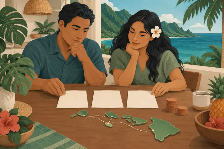 Two adults compare blank coverage cards beside an abstract island map while planning health insurance costs.