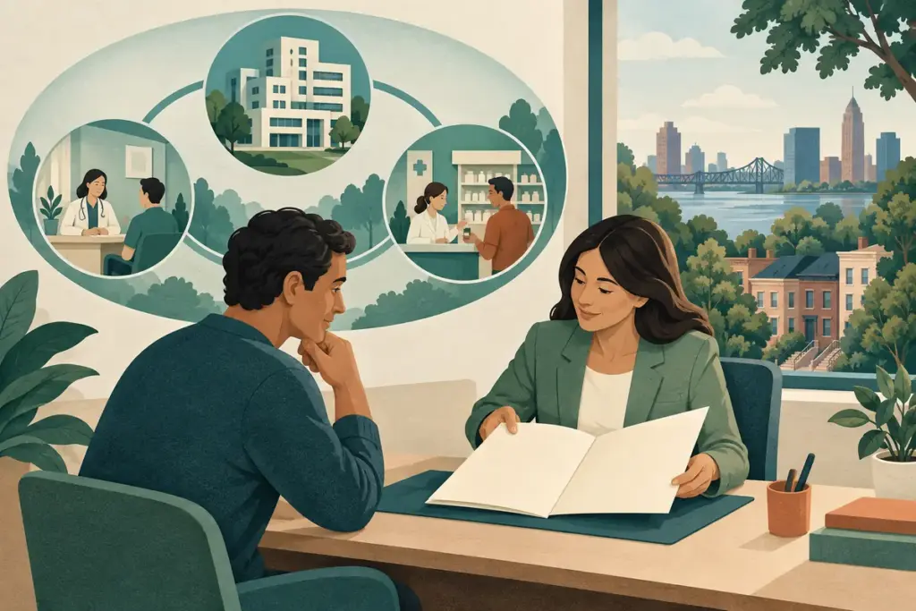 An applicant reviews a blank insurance folder with a coordinator beside a conceptual connected provider network.