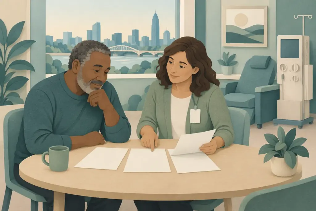 Paper-cut illustration of an Omaha dialysis patient and social worker reviewing blank coverage papers beside a dialysis chair.