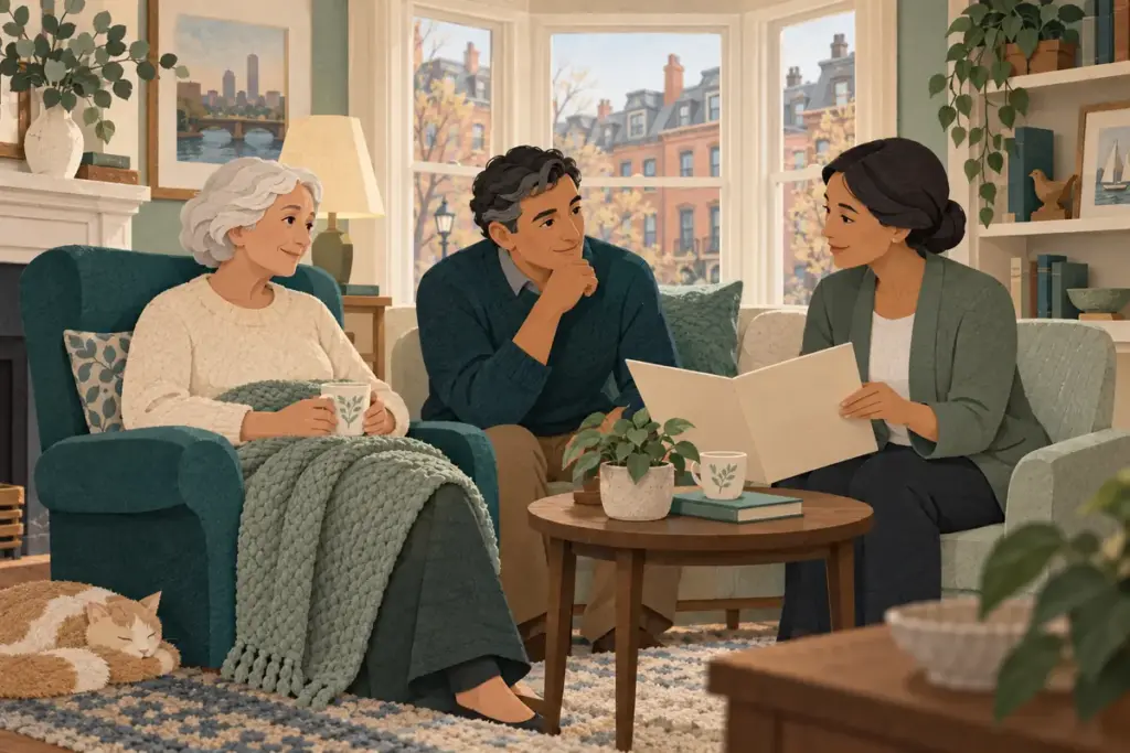 Paper-cut illustration of an older Boston resident, family member and hospice coordinator discussing care in a warm living room.