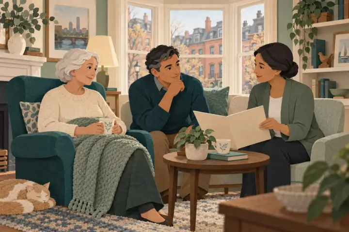 Paper-cut illustration of an older Boston resident, family member and hospice coordinator discussing care in a warm living room.