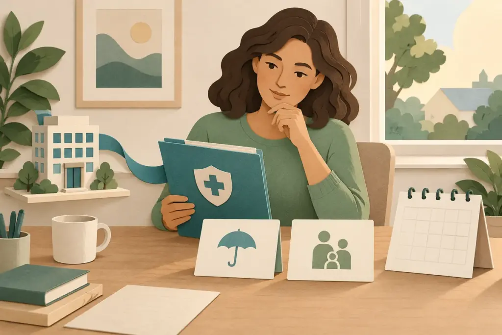 Paper-cut illustration of an adult comparing employer health benefits and alternative coverage cards at a home desk.
