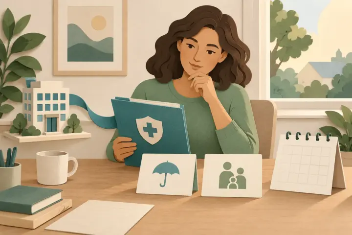 Paper-cut illustration of an adult comparing employer health benefits and alternative coverage cards at a home desk.