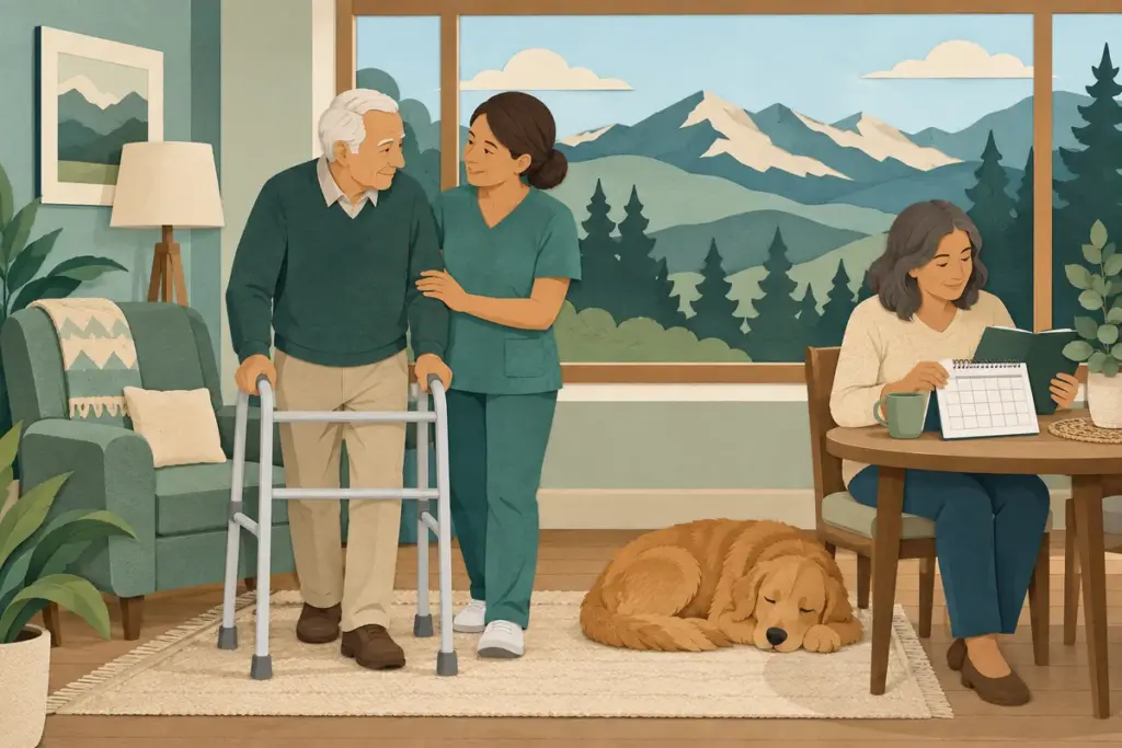 Paper-cut illustration of a Colorado resident with a walking frame, a home aide and a family member planning assistance.