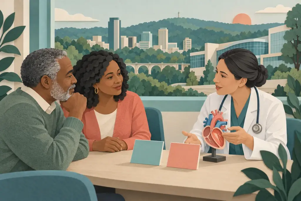 Paper-cut illustration of a Birmingham patient and companion discussing an anatomical heart model with a cardiologist.