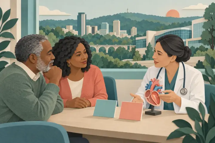 Paper-cut illustration of a Birmingham patient and companion discussing an anatomical heart model with a cardiologist.
