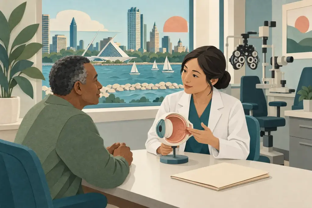 Paper-cut illustration of an ophthalmologist and patient reviewing an eye-care plan in a conceptual Milwaukee clinic.