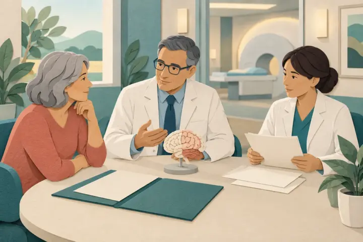 Paper-cut illustration of a patient and specialists discussing brain radiosurgery and treatment costs.
