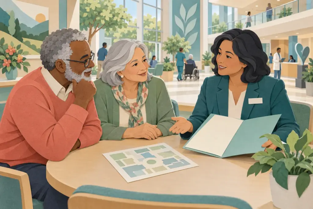 Paper-cut illustration of an older couple reviewing hospital access and coverage with a navigator.