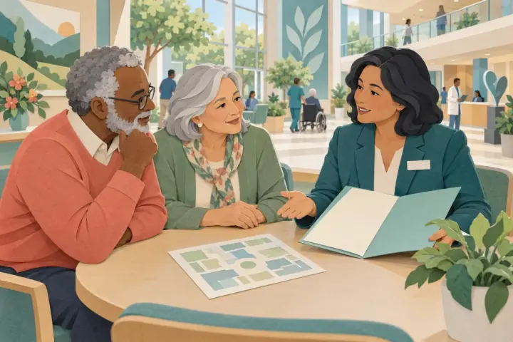 Paper-cut illustration of an older couple reviewing hospital access and coverage with a navigator.