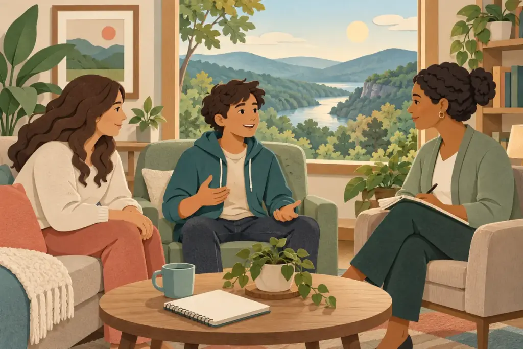 Paper-cut illustration of a teenager, parent and therapist planning care in a welcoming Arkansas counseling room.