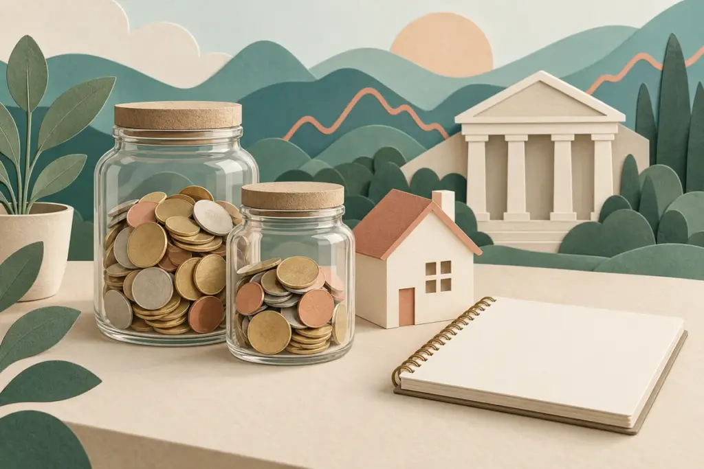 Paper-cut still life of savings jars, a budget notebook and a bank silhouette representing thoughtful cash planning.