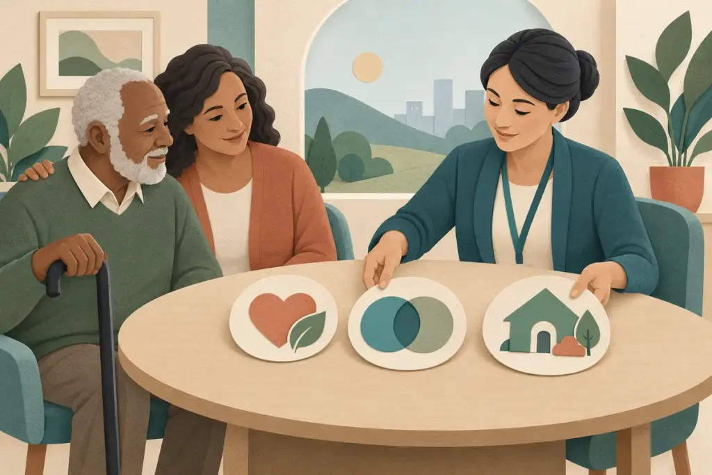 An older adult and supporter discuss three conceptual care symbols with a coverage coordinator.