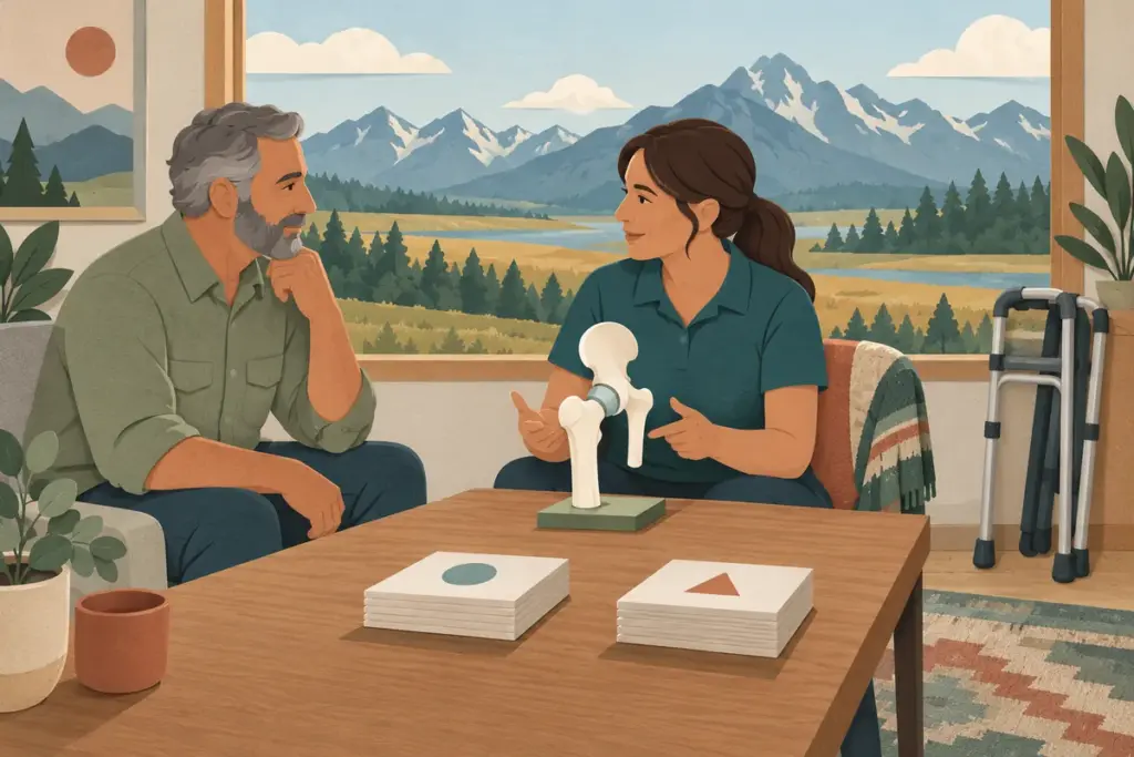 An adult reviews blank estimate cards and a conceptual hip model with a therapist in a Montana-inspired room.