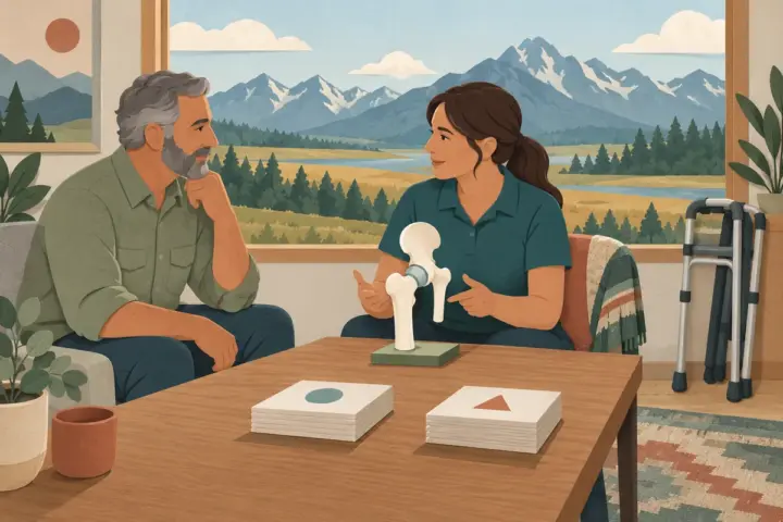 An adult reviews blank estimate cards and a conceptual hip model with a therapist in a Montana-inspired room.