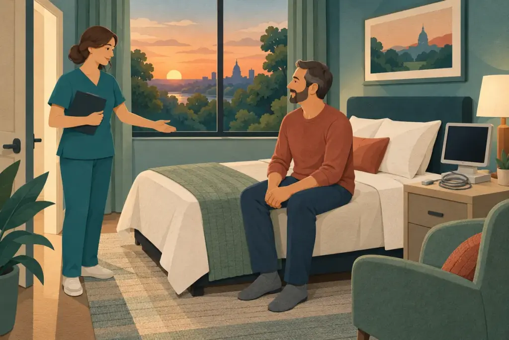 A sleep technologist welcomes an adult to a calm conceptual sleep-laboratory bedroom at sunset.