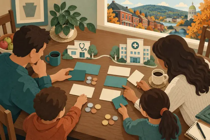 A family arranges blank coverage cards and coins beside paper models of connected healthcare providers.