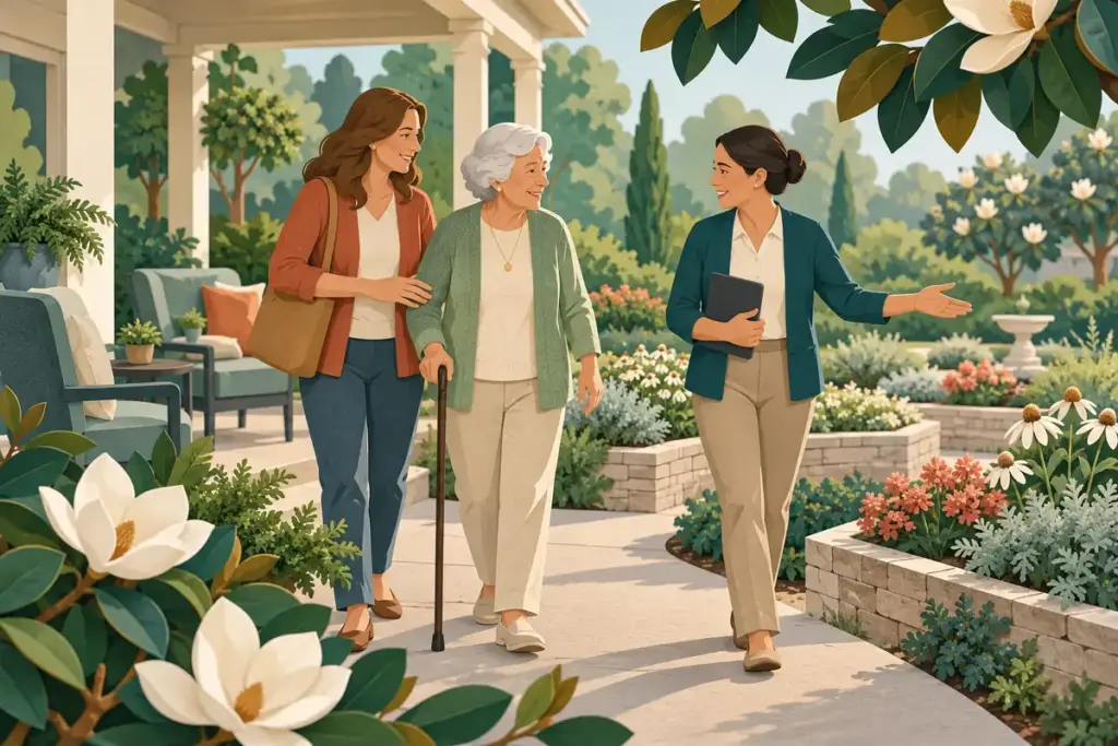 An older adult and daughter tour an accessible garden with a staff guide at a conceptual Alabama assisted living community.