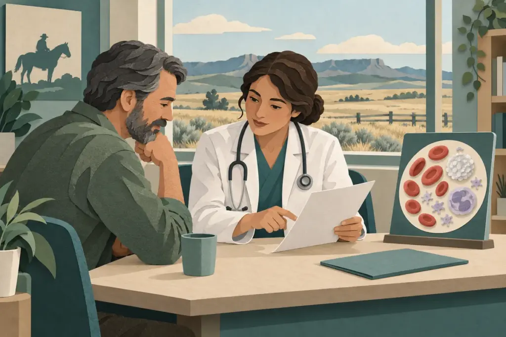 Paper-cut illustration of a Cheyenne patient and hematology clinician reviewing a report beside an unlabelled blood-cell teaching display.