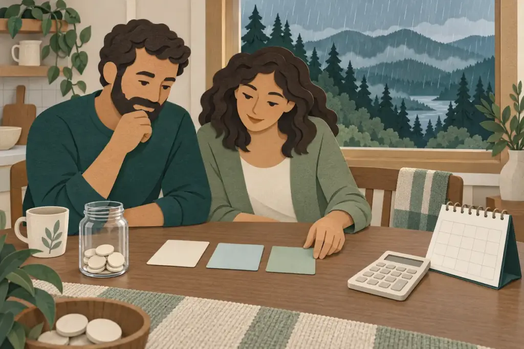 Paper-cut illustration of an Oregon household comparing health coverage cards and savings at a kitchen table.