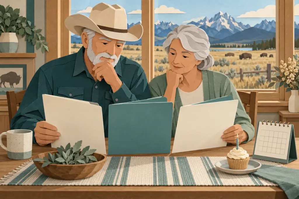Paper-cut illustration of an older Wyoming couple reviewing Medigap folders beside a birthday cupcake and blank calendar.