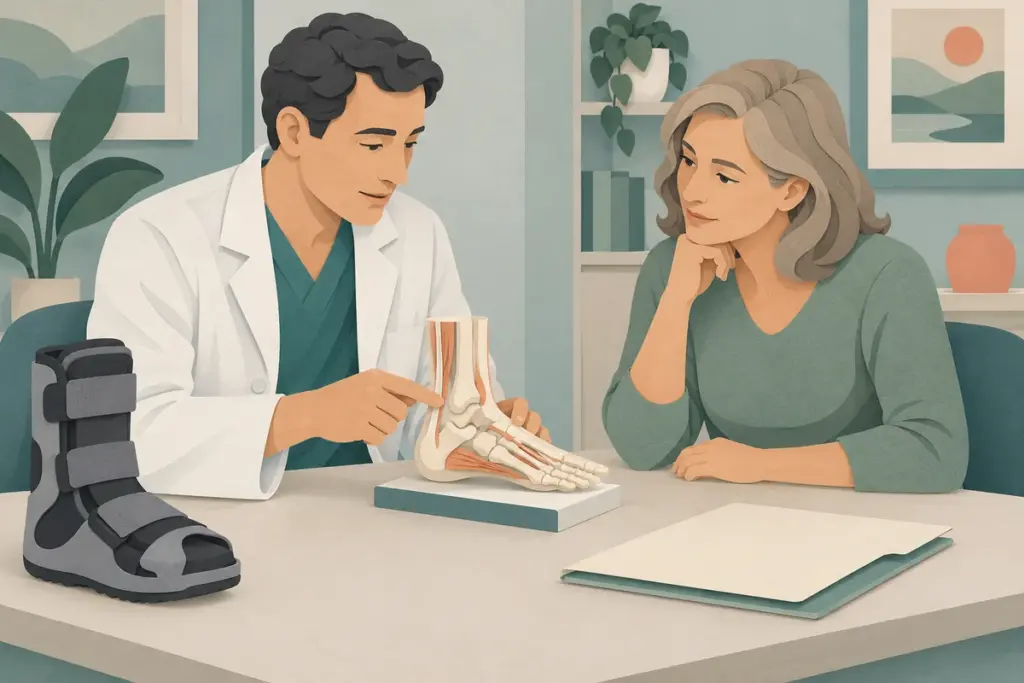 Paper-cut illustration of a foot and ankle surgeon and patient discussing an anatomical model with a walking boot nearby.