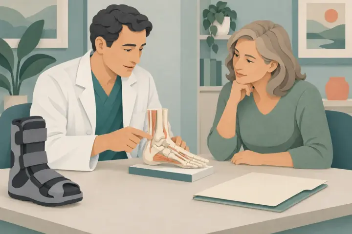 Paper-cut illustration of a foot and ankle surgeon and patient discussing an anatomical model with a walking boot nearby.