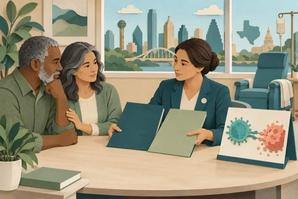 Paper-cut illustration of a Texas patient, caregiver and coordinator comparing care folders beside an immune-cell teaching display.