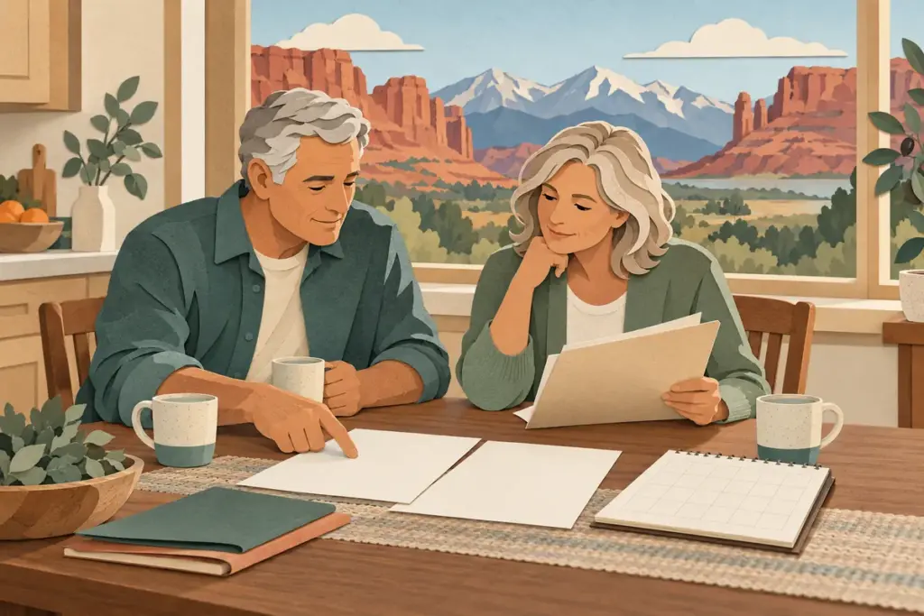 Early retirees reviewing coverage documents at a table overlooking Utah red-rock scenery.