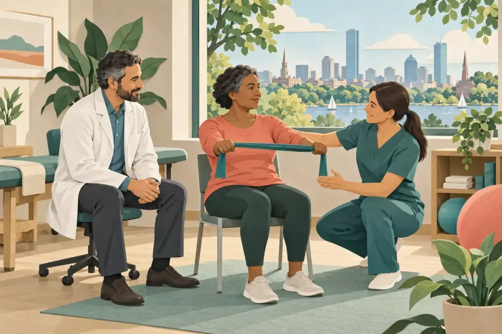 Patient discussing a pain-management plan with clinicians in a conceptual rehabilitation setting.