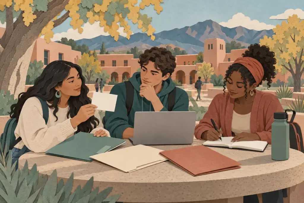 College students reviewing coverage options together at a conceptual New Mexico campus.