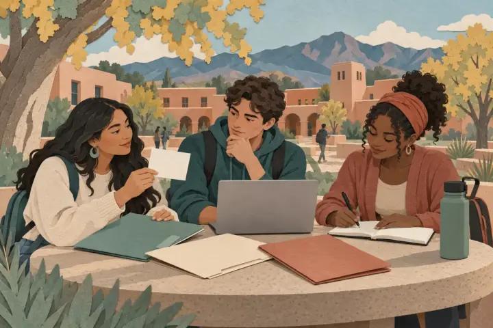 College students reviewing coverage options together at a conceptual New Mexico campus.