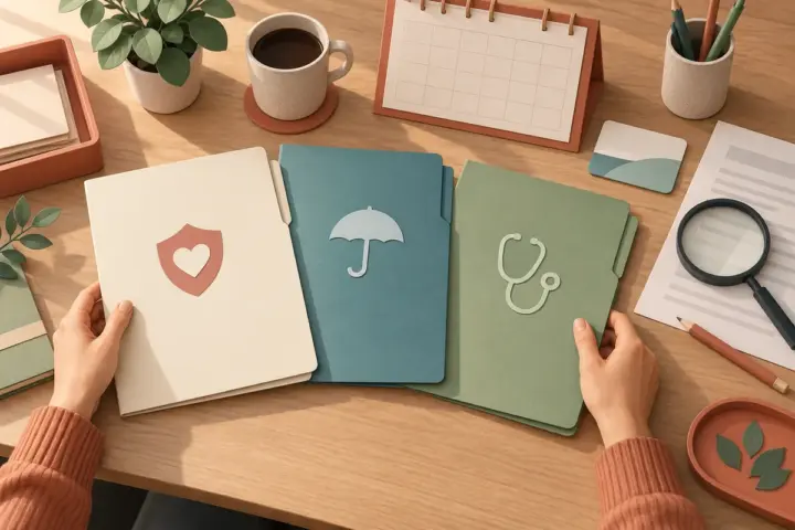 Organized blank insurance folders, calendar and member card on a desk.