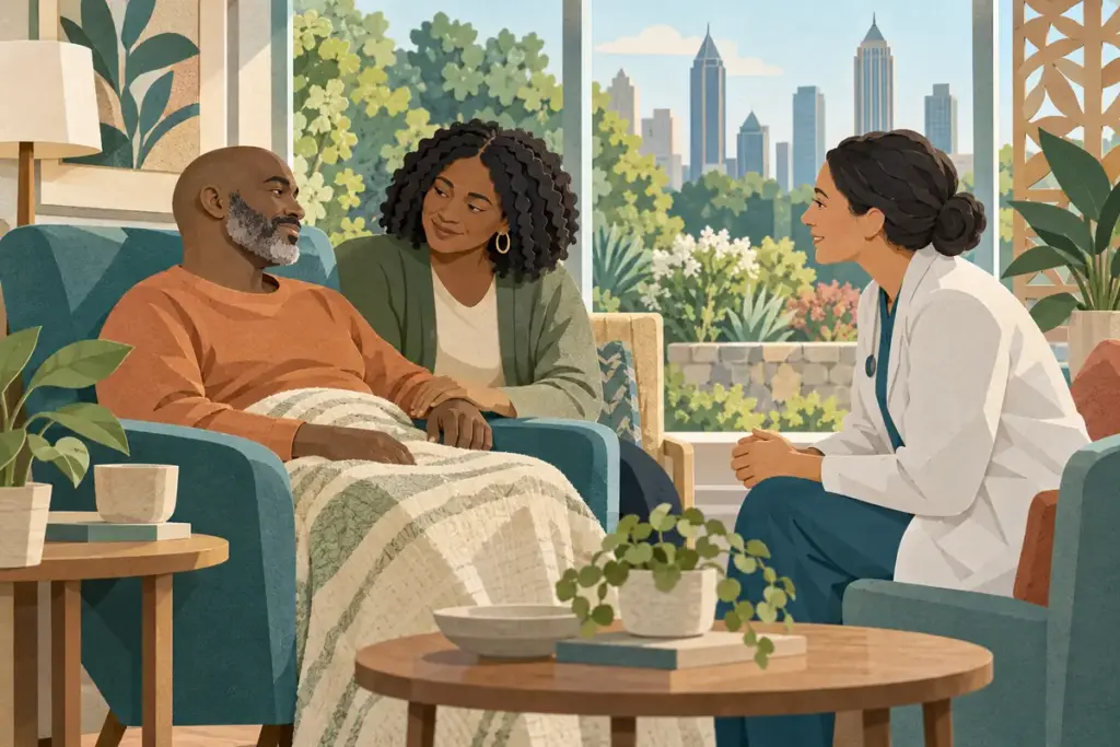 Patient and chosen family member speaking with a clinician in a conceptual Atlanta hospital lounge.
