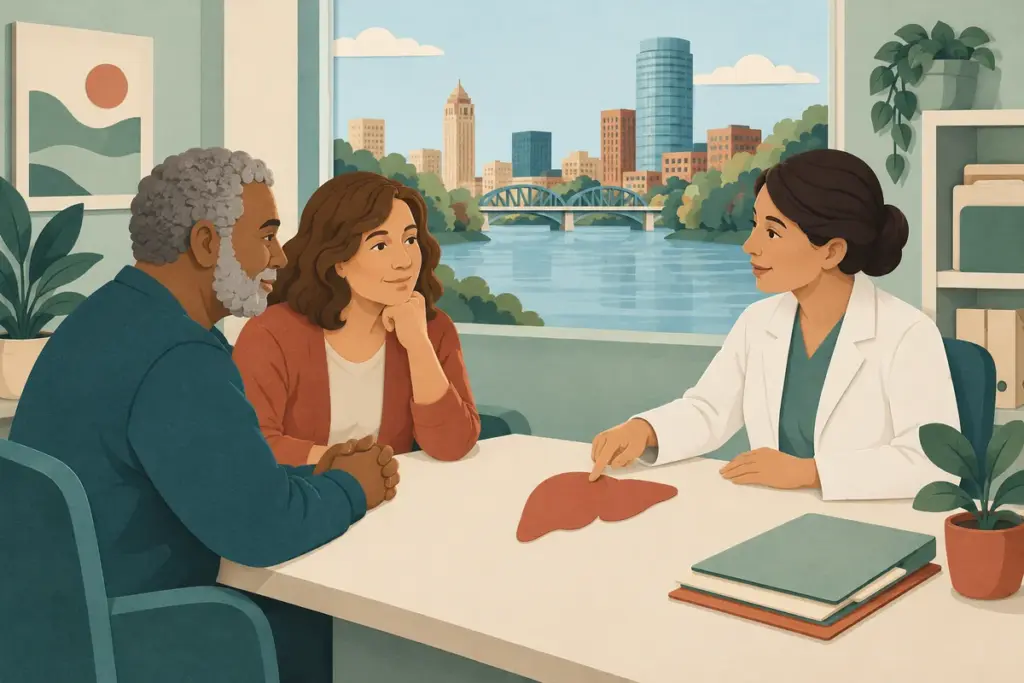 An adult and supporter discuss a conceptual liver symbol with a clinician in a Grand Rapids-inspired office.