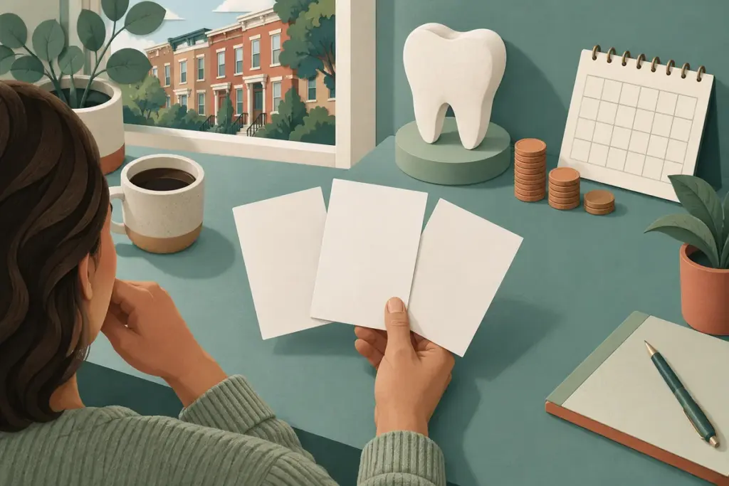 An adult compares blank dental coverage cards beside a paper tooth and coin stacks.