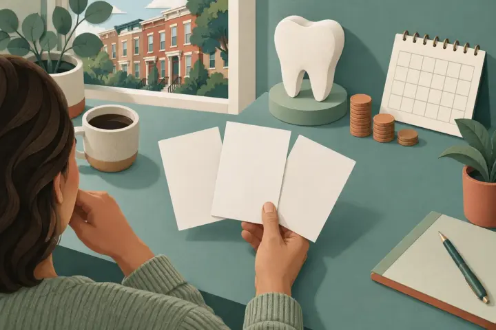 An adult compares blank dental coverage cards beside a paper tooth and coin stacks.