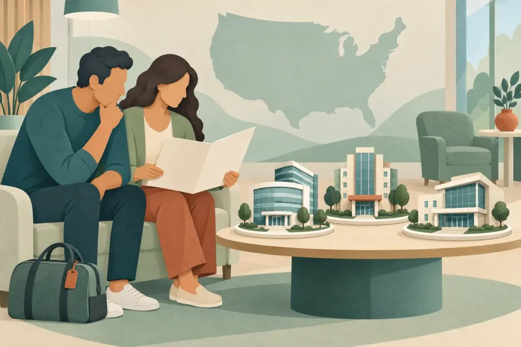 Two adults review a blank folder beside conceptual hospital models and an unlabelled United States silhouette.
