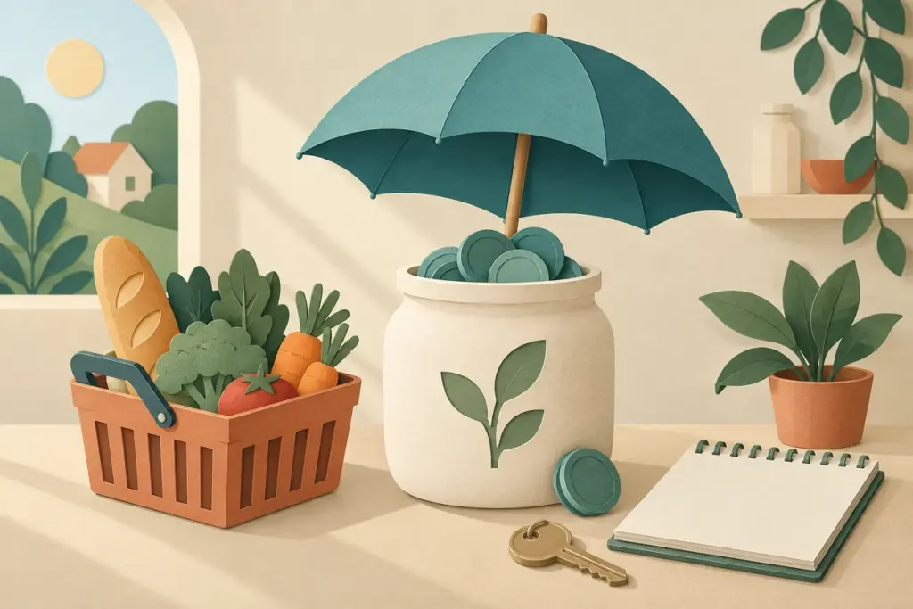 A paper savings jar sheltered by an umbrella sits beside groceries, a key and a blank notebook.