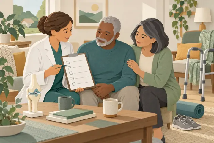 Paper-cut illustration of a patient, caregiver and clinician preparing for joint replacement at home with a knee model and walking aid.