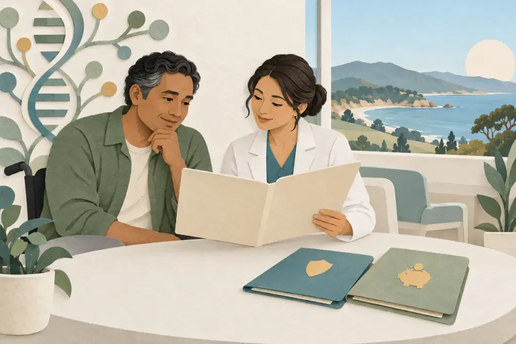 Paper-cut illustration of a California patient and counselor reviewing care records beside a genetic pattern and financial folders.