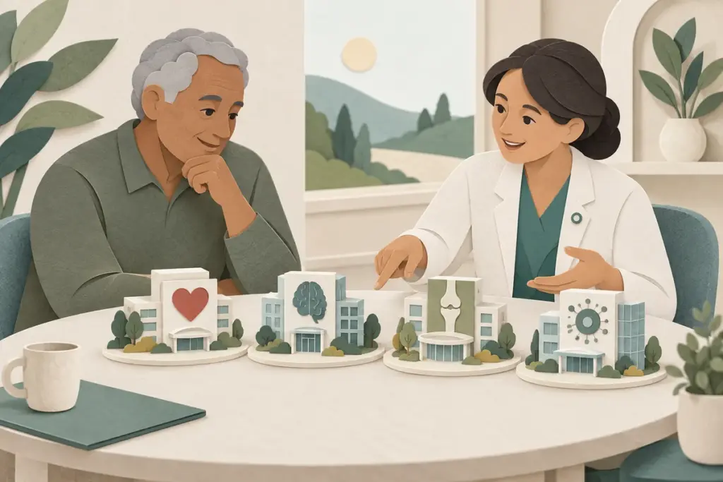 Paper-cut illustration of a patient and navigator comparing hospital models representing heart, brain, joint and immune-cell specialties.