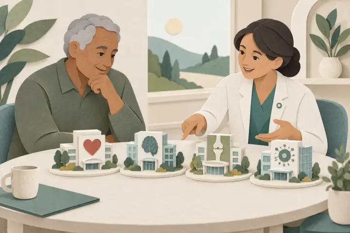 Paper-cut illustration of a patient and navigator comparing hospital models representing heart, brain, joint and immune-cell specialties.