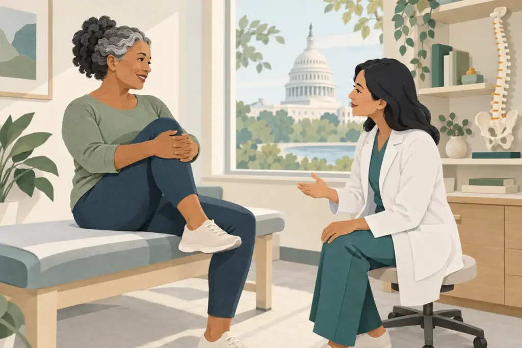 Paper-cut illustration of a patient discussing pain and movement with a clinician in a Washington, DC consultation room.