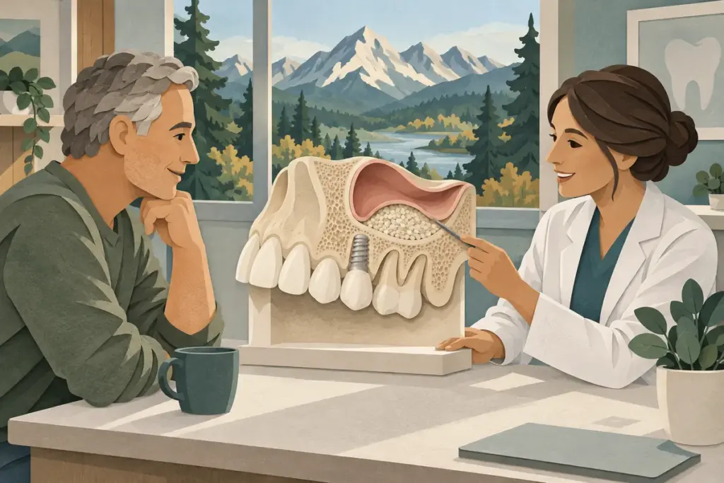 Paper-cut illustration of an Idaho patient and oral surgeon reviewing a simplified upper-jaw and sinus augmentation teaching model.