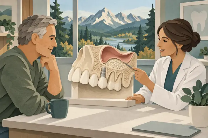 Paper-cut illustration of an Idaho patient and oral surgeon reviewing a simplified upper-jaw and sinus augmentation teaching model.