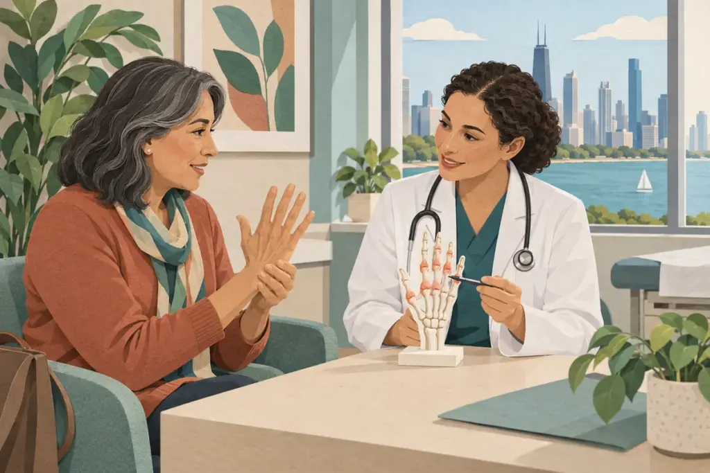 Patient and rheumatology clinician discussing joint care in a conceptual Illinois clinic.