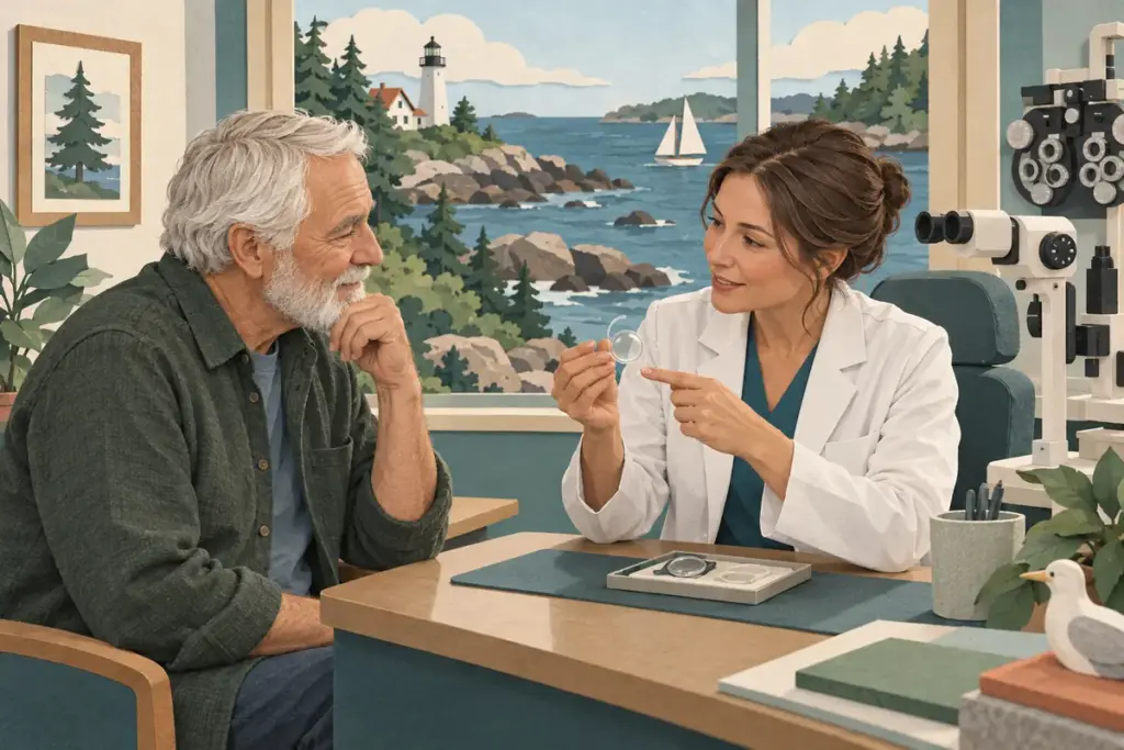 Maine patient discussing a lens model with an eye surgeon in a conceptual consultation.