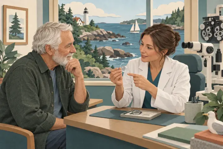 Maine patient discussing a lens model with an eye surgeon in a conceptual consultation.