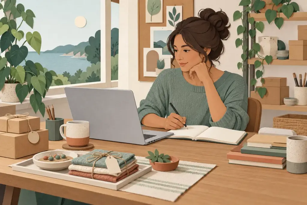 Remote business owner planning work and reviewing a blank budget at a home desk.
